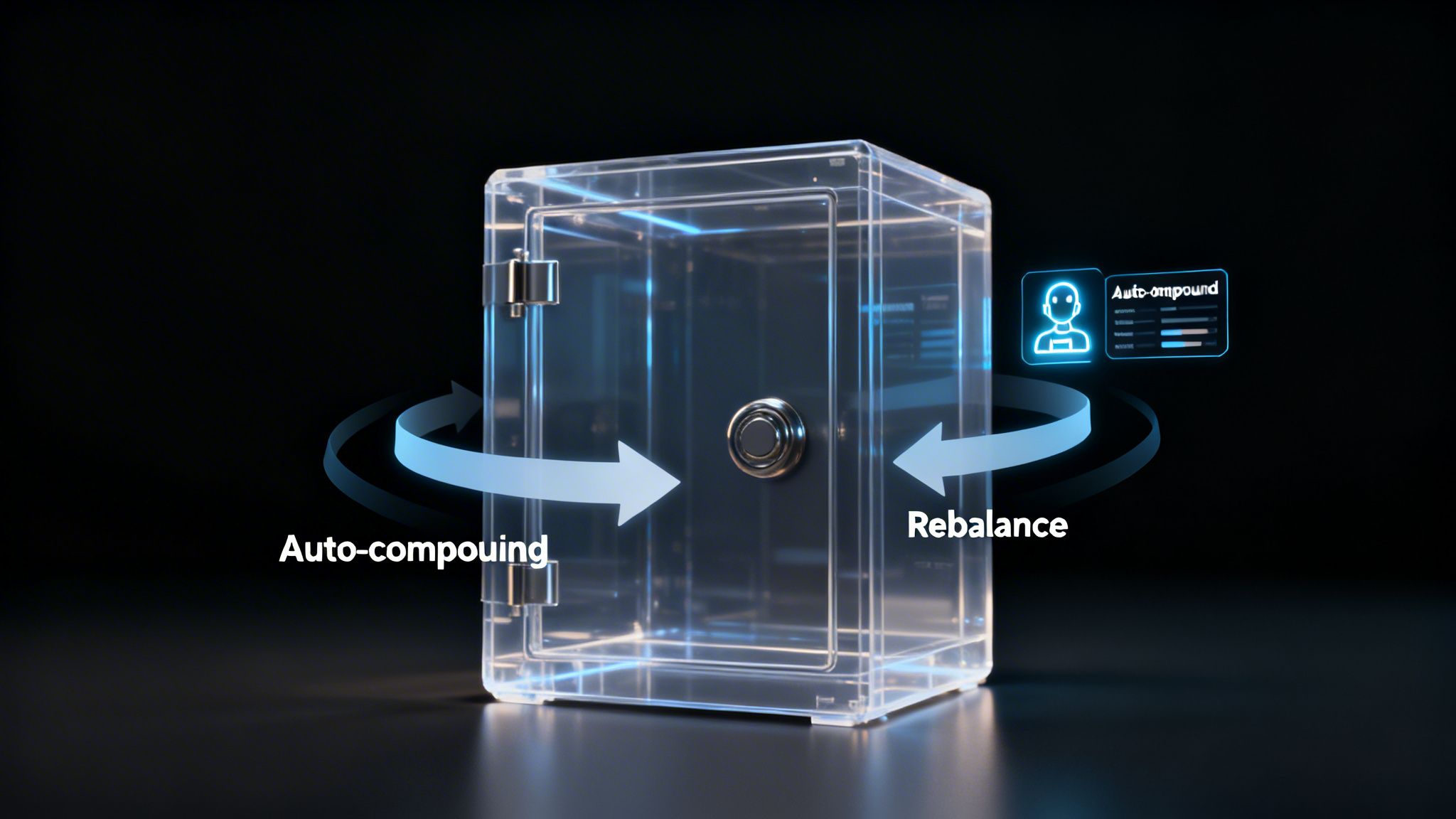 A transparent safe illustrating a continuous process of auto-compounding and rebalancing with arrows and a digital icon.