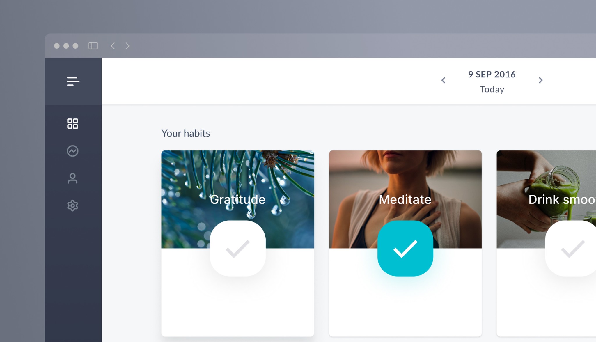 Habit tracker app with cards for Gratitude, Meditate, and Drink smoothie.