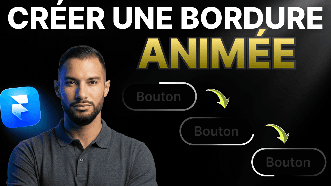 Miniature du tutoriel Framer montrant comment créer une bordure animée lumineuse sur des boutons noirs avec le logo Framer.