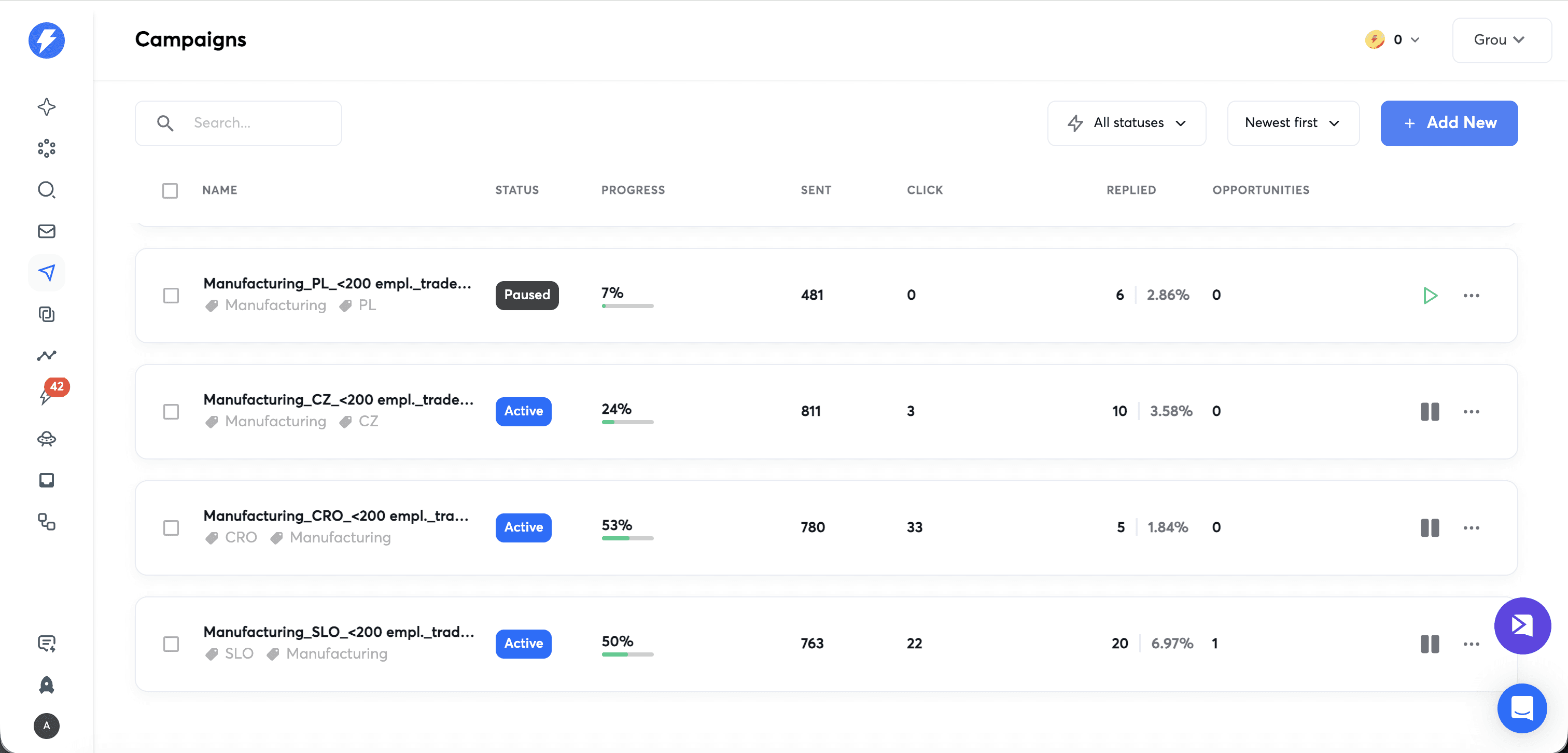 Instantly review main dashboard showing campaign overview, Lead Finder access, and unified inbox in one workspace.