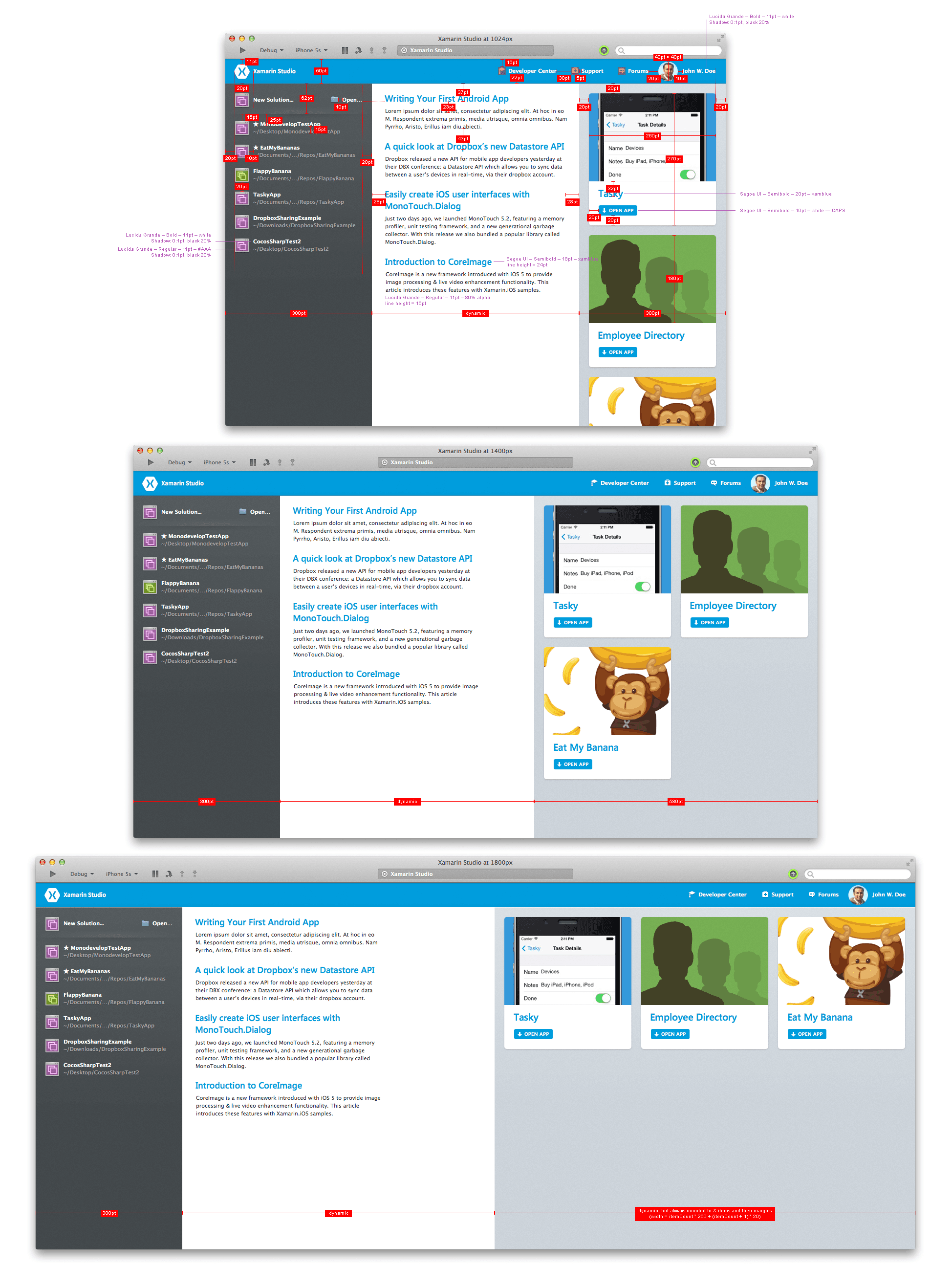 Redlines are detailed guides providing specifications for the implementation of designs, such as margins, font sizes, and color codes, as demonstrated here.