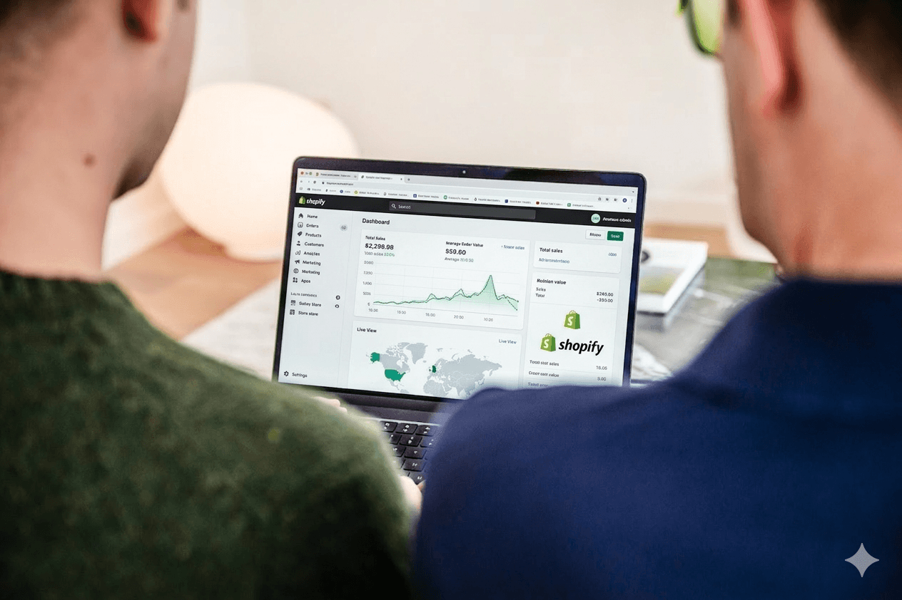 Hans en Johan kijken naar de laptop met een grafiek van Shopify