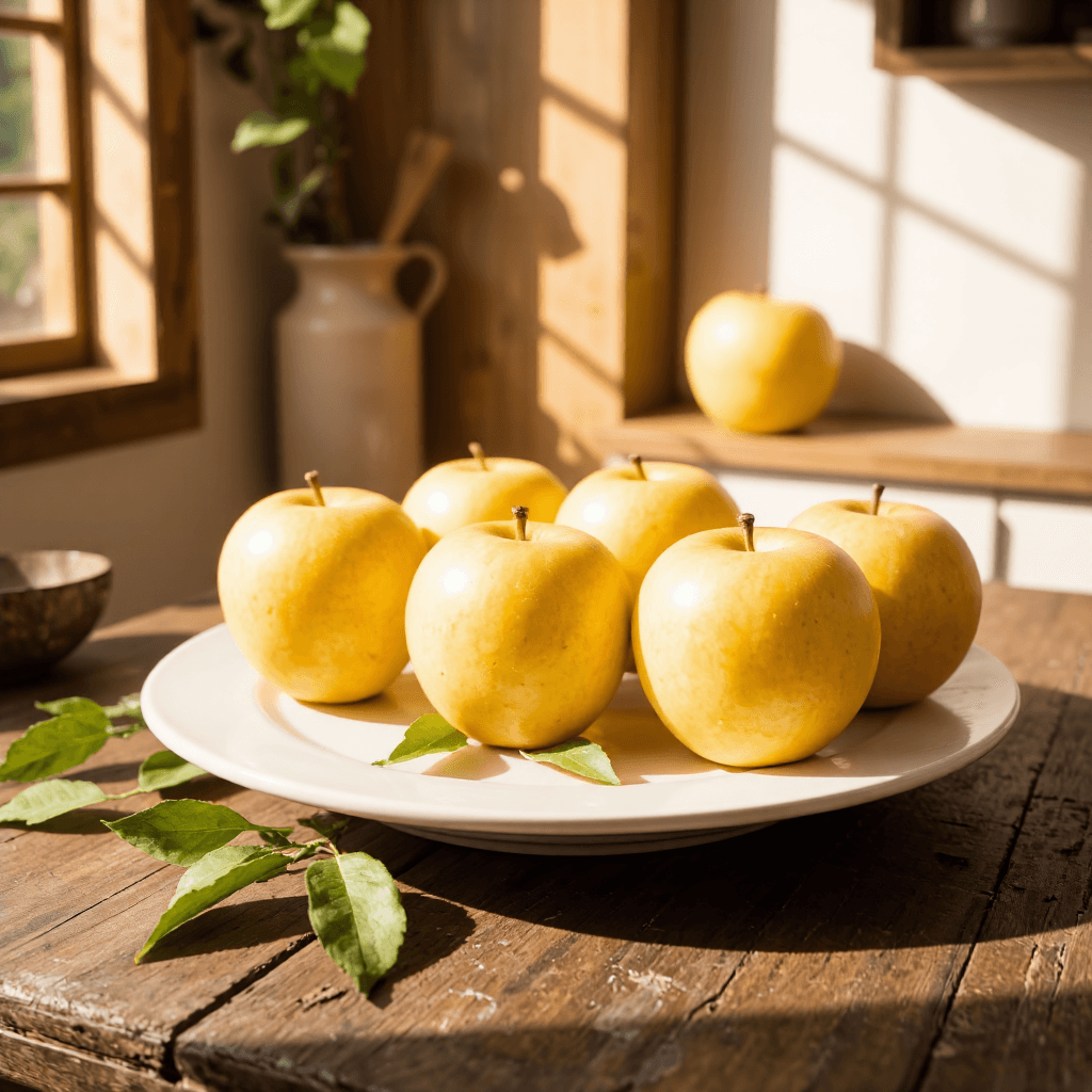 product photography of a plate of fruit, specifically yellow apples
