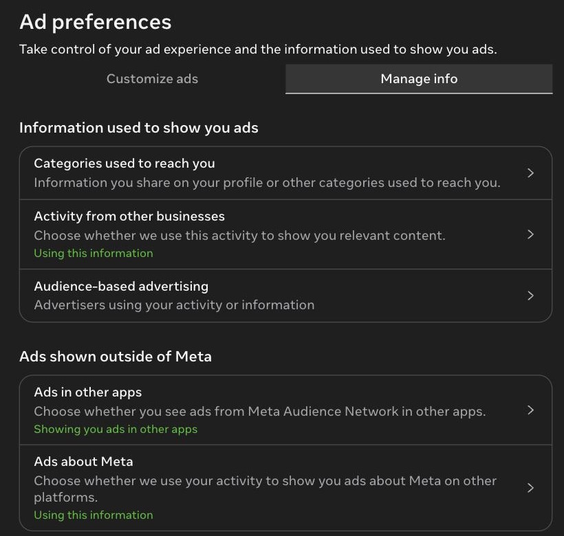 Meta Accounts Center Ad preferences Manage info tab showing Activity from other businesses in use