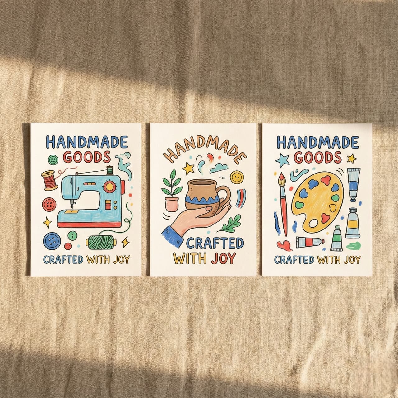Three illustrated cards with the theme "Handmade Goods, Crafted with Joy" show a sewing machine, pottery, and art supplies, on a textured fabric background.