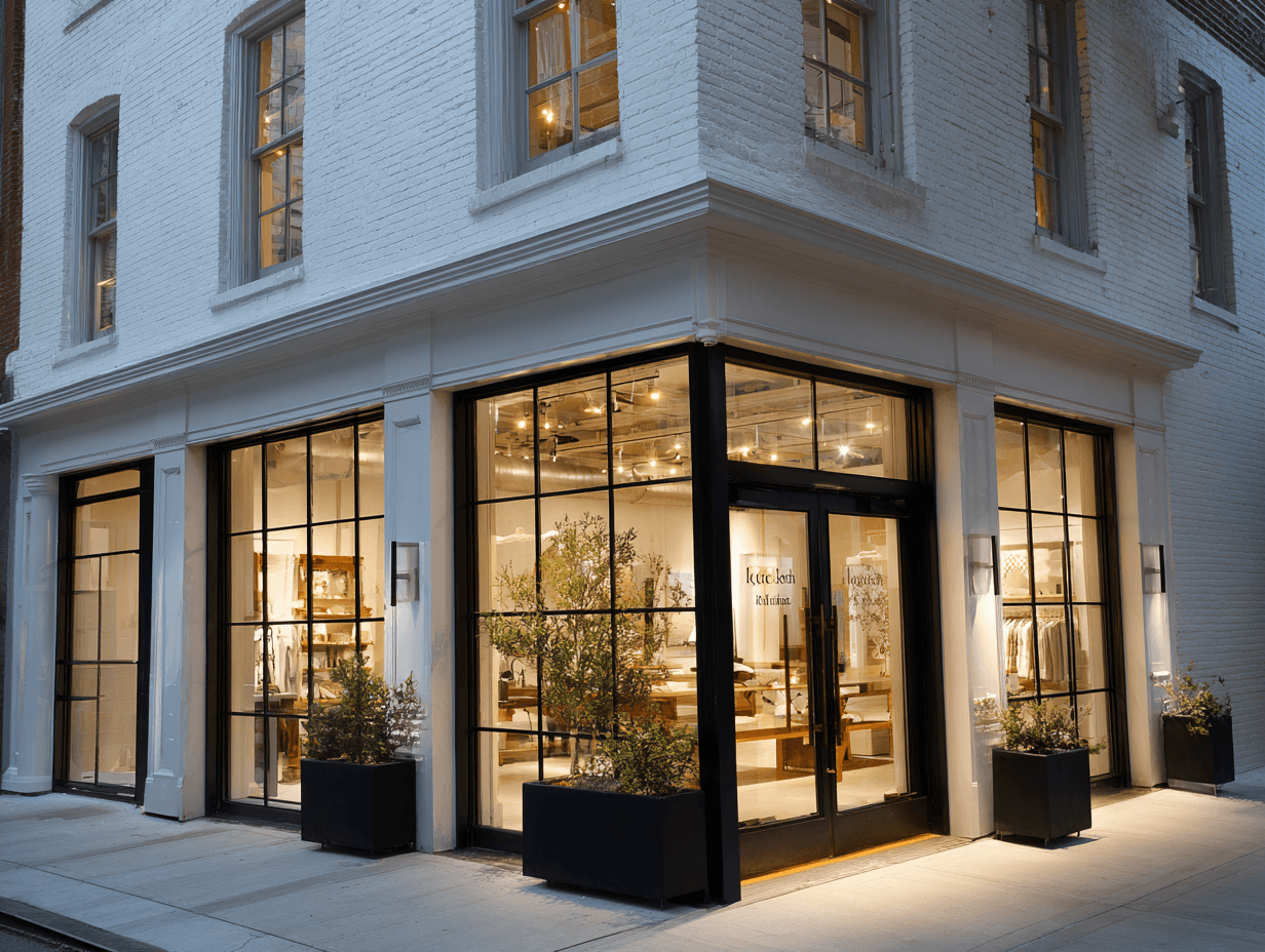 Corner retail storefront with large glass windows and warm interior lighting.