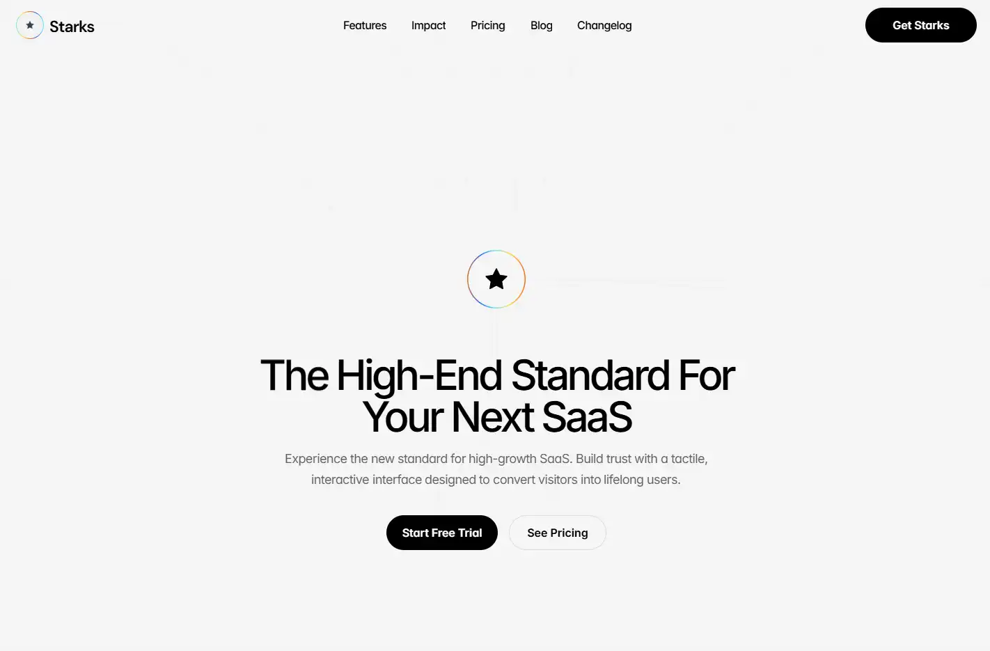 A minimalist light-mode landing page for 'Starks' featuring a central star icon and the headline 'The High-End Standard For Your Next SaaS.