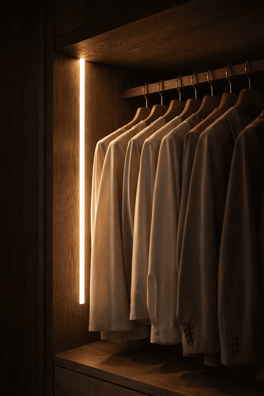 Cinematic interior shot of a bespoke wardobe featuring integrated vertical LED channels that highlight the natural texture of European oak.