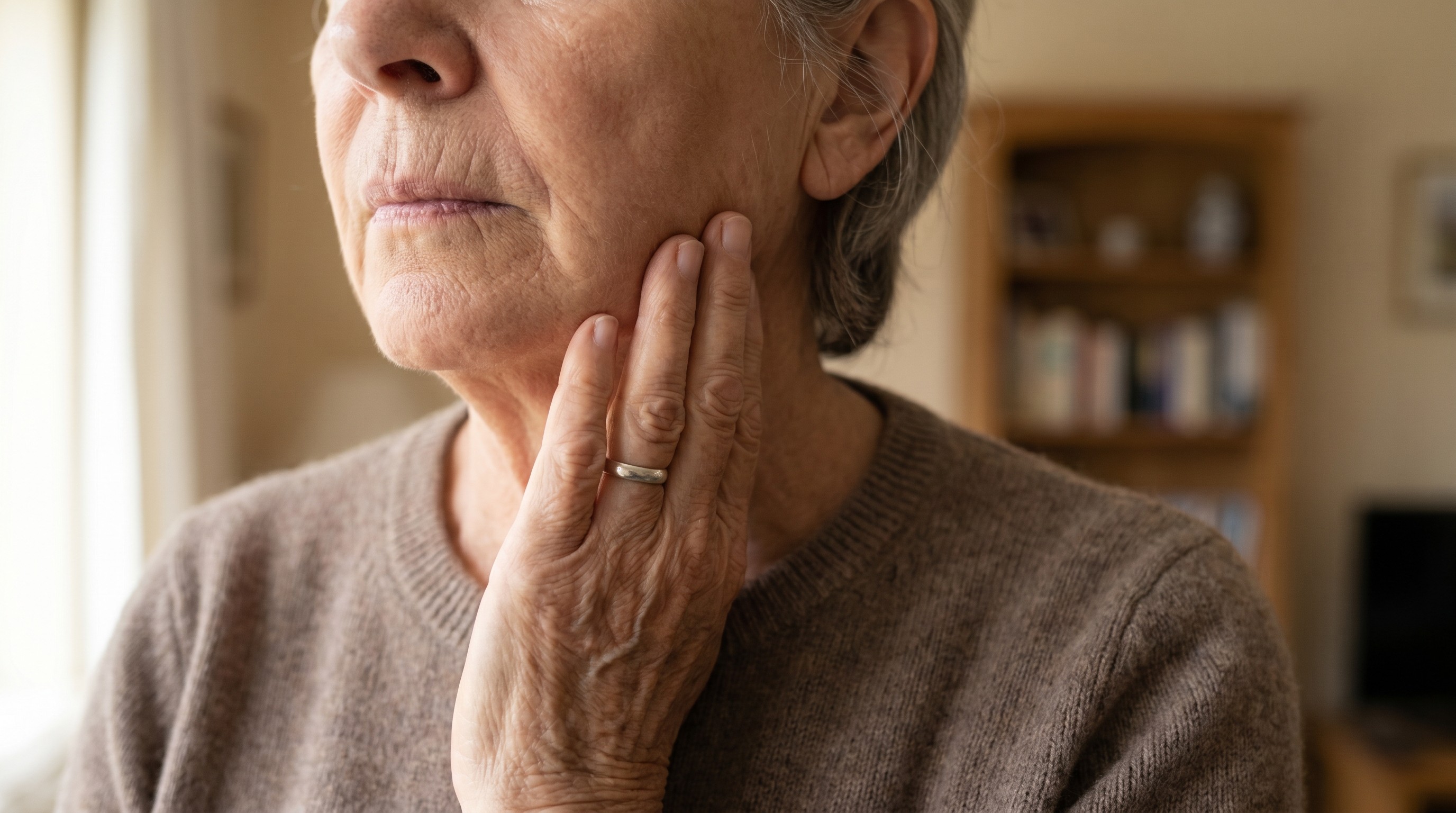 Older adult touching cheek near jaw with fingertips in soft natural window light