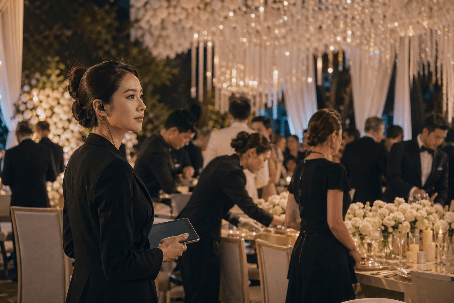 香港高級私人派對策劃現場，專業統籌團隊於配備水晶燈及花藝裝飾的VIP宴會廳提供統籌服務。