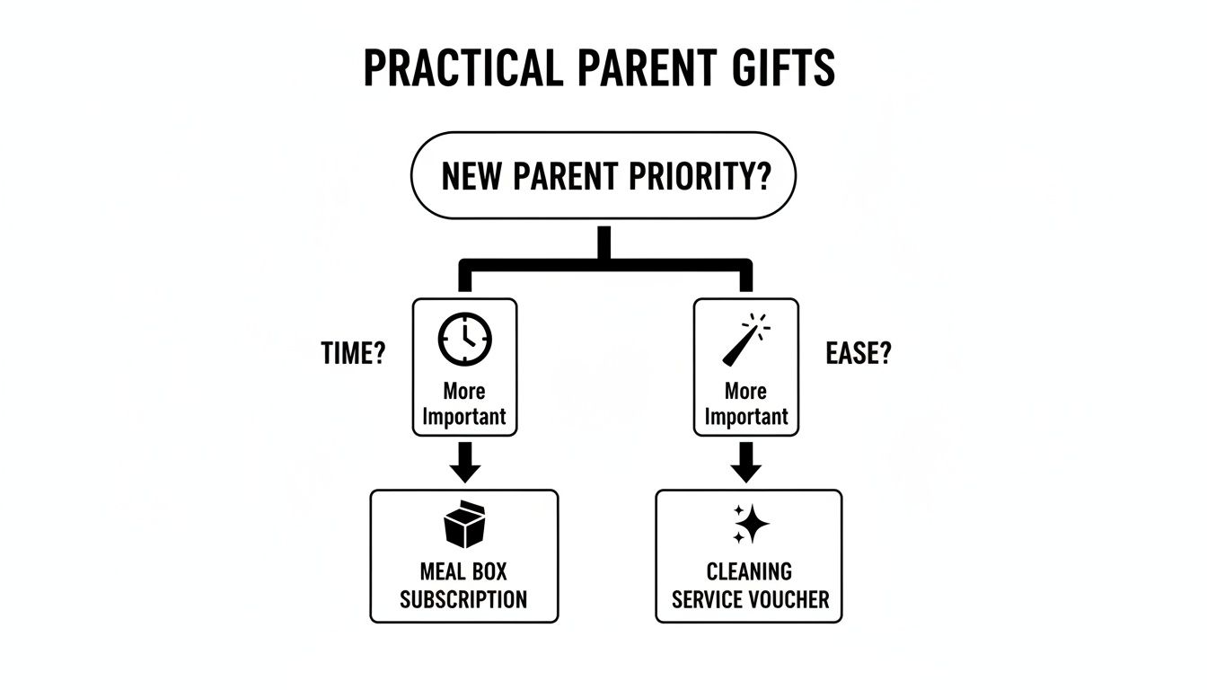 Flowchart guiding practical gift choices for new parents: meal box subscription for time, cleaning service voucher for ease.