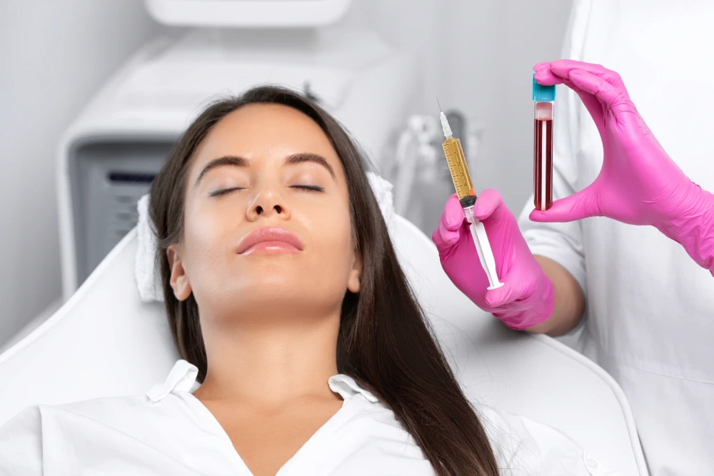Woman undergoing PRP vampire facial session with syringe and blood vial visible.