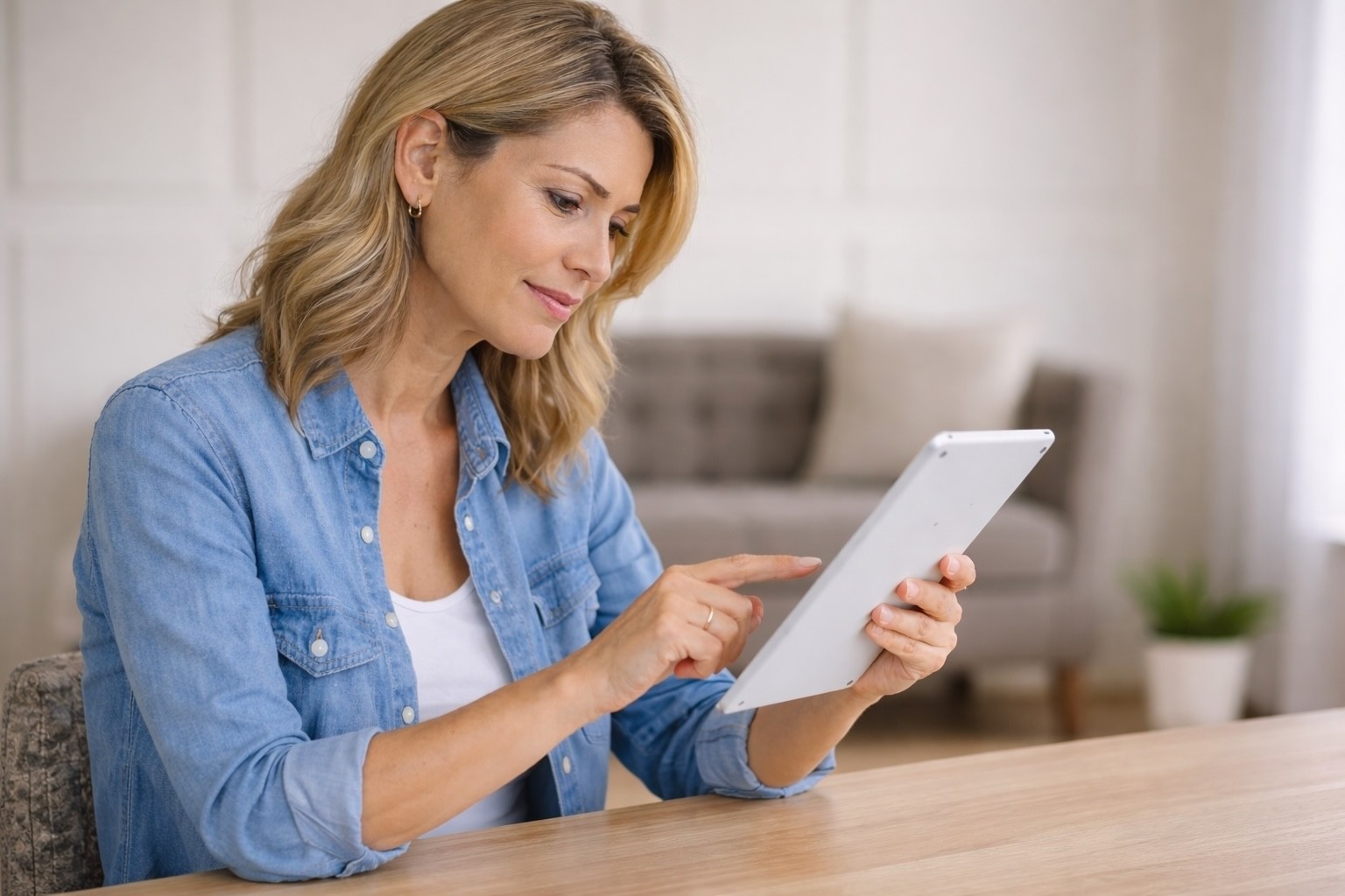 Woman reading the latest article on Caring for Aging Parents.