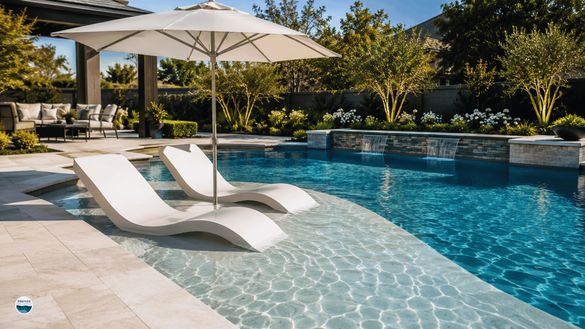 Modern fiberglass pool with spacious tanning ledge and in-water loungers