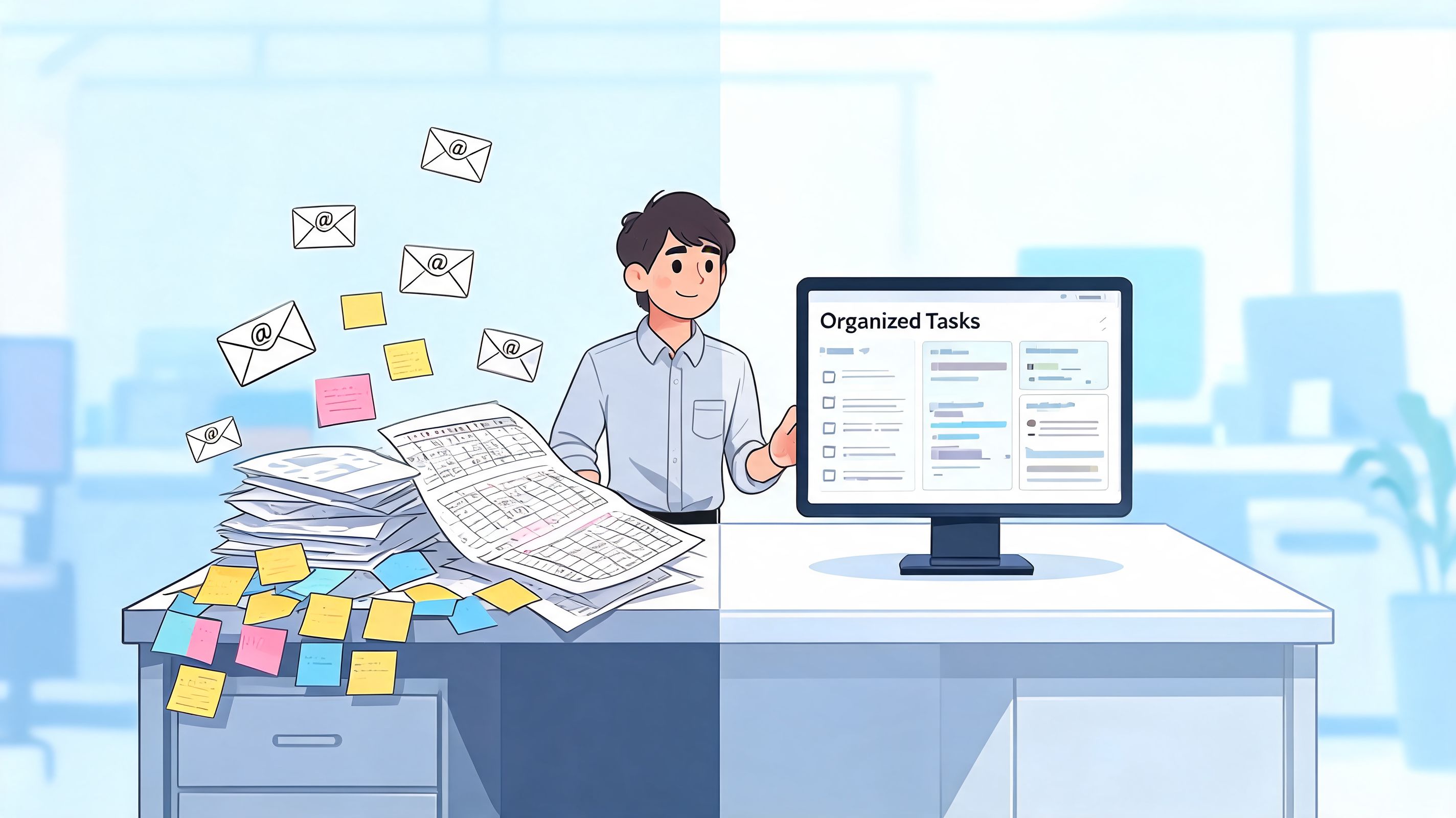 A professional man successfully managing cluttered paperwork and emails by organizing them into a digital task system.