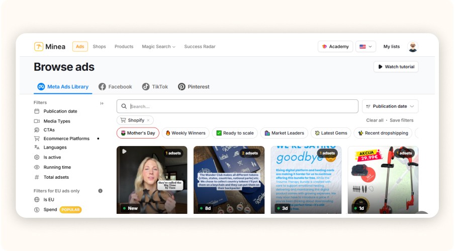 Minea platform displaying Facebook ads.