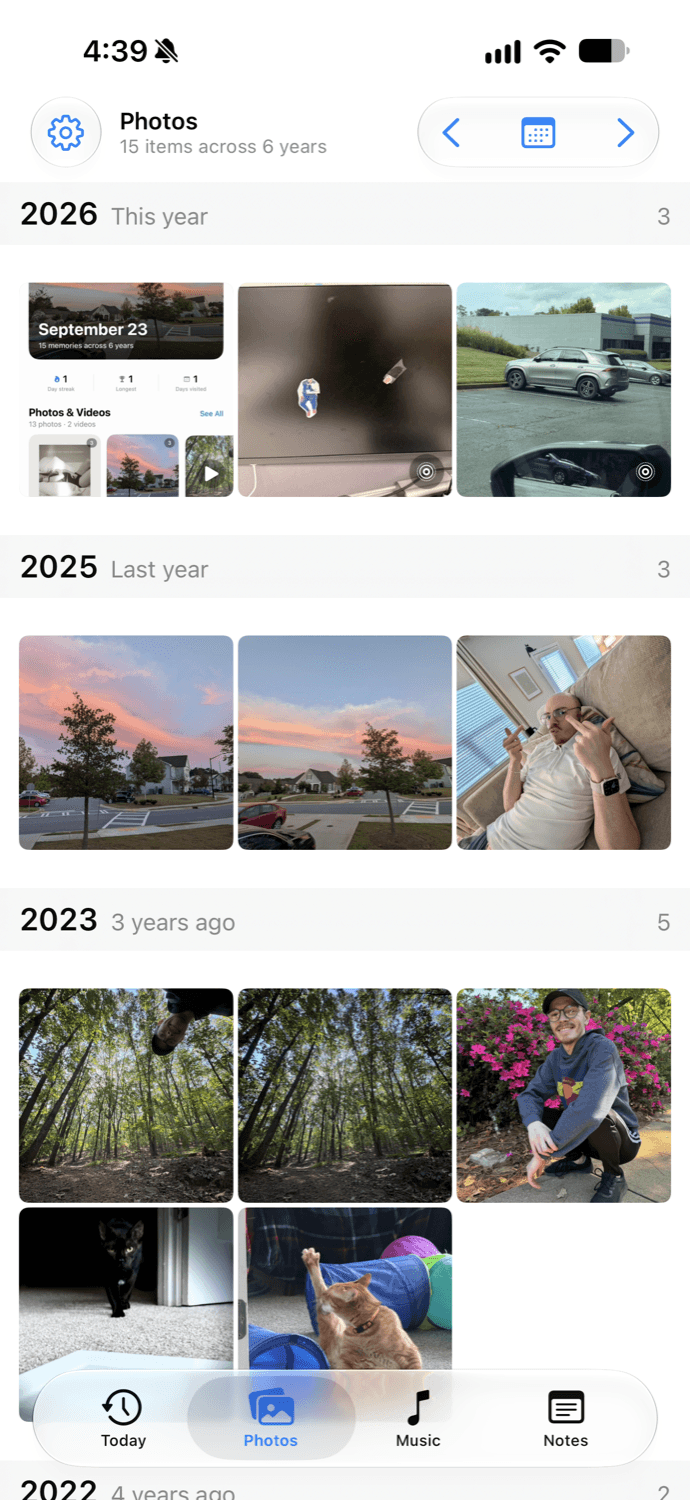 Backward photo memories arranged by year