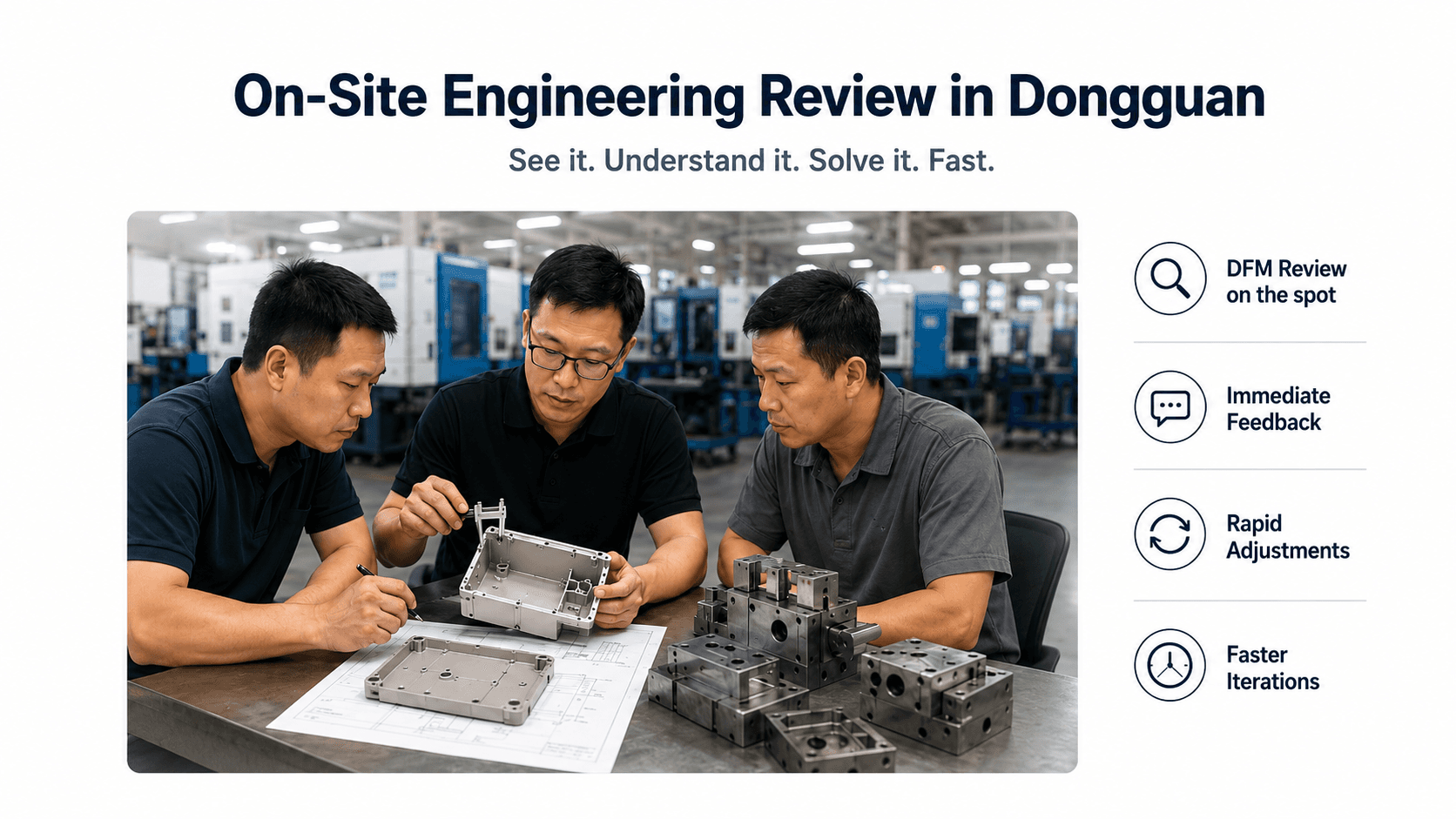 Engineering team inspecting a hardware prototype during an on-site DFM review at a Dongguan manufacturing facility.