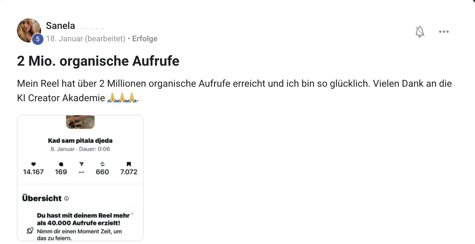 Erfolgsbericht KI Creator Akademie: Sanela mit über 2 Millionen organischen Instagram-Aufrufen