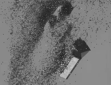 Angular abstract structure formed from intersecting geometric elements.