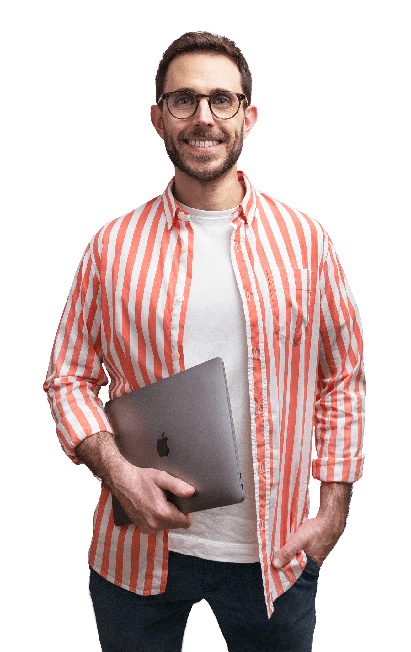 Portrait of Vincent smiling and holding a MacBook