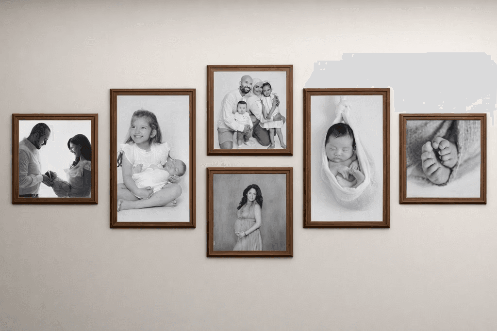 A wall gallery featuring several framed black and white family and newborn portraits.