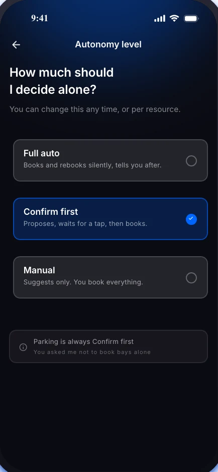 Autonomy level screen: How much should I decide alone? Full auto, Confirm first (selected) and Manual