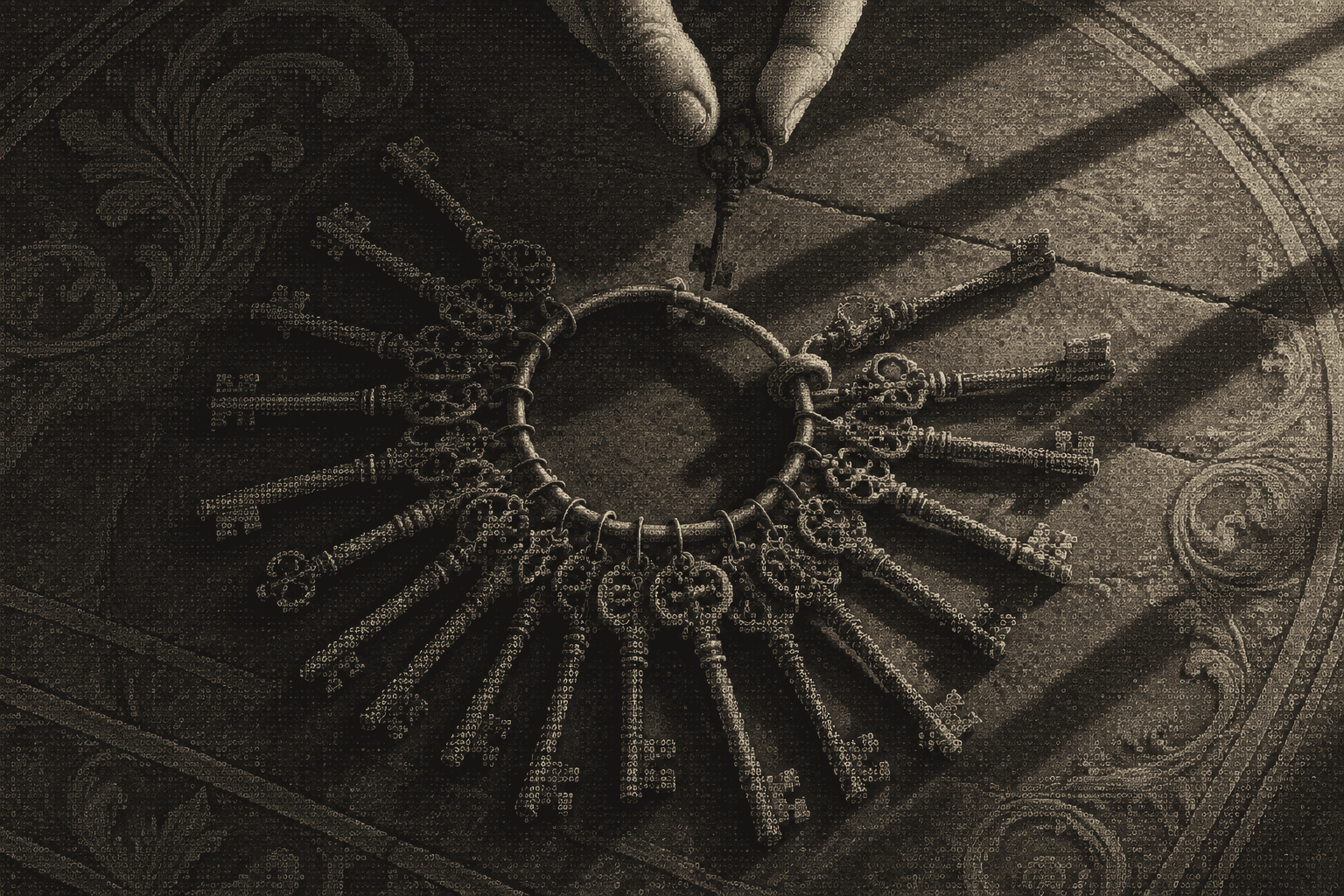 Two marble fingertips lifting a single red key away from a large ring of keys on a stone floor