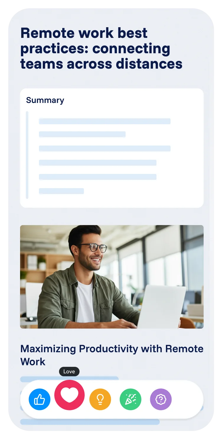 Spencer mobile app with an article about remote work, summary, image, and interactive reactions at the bottom of the screen