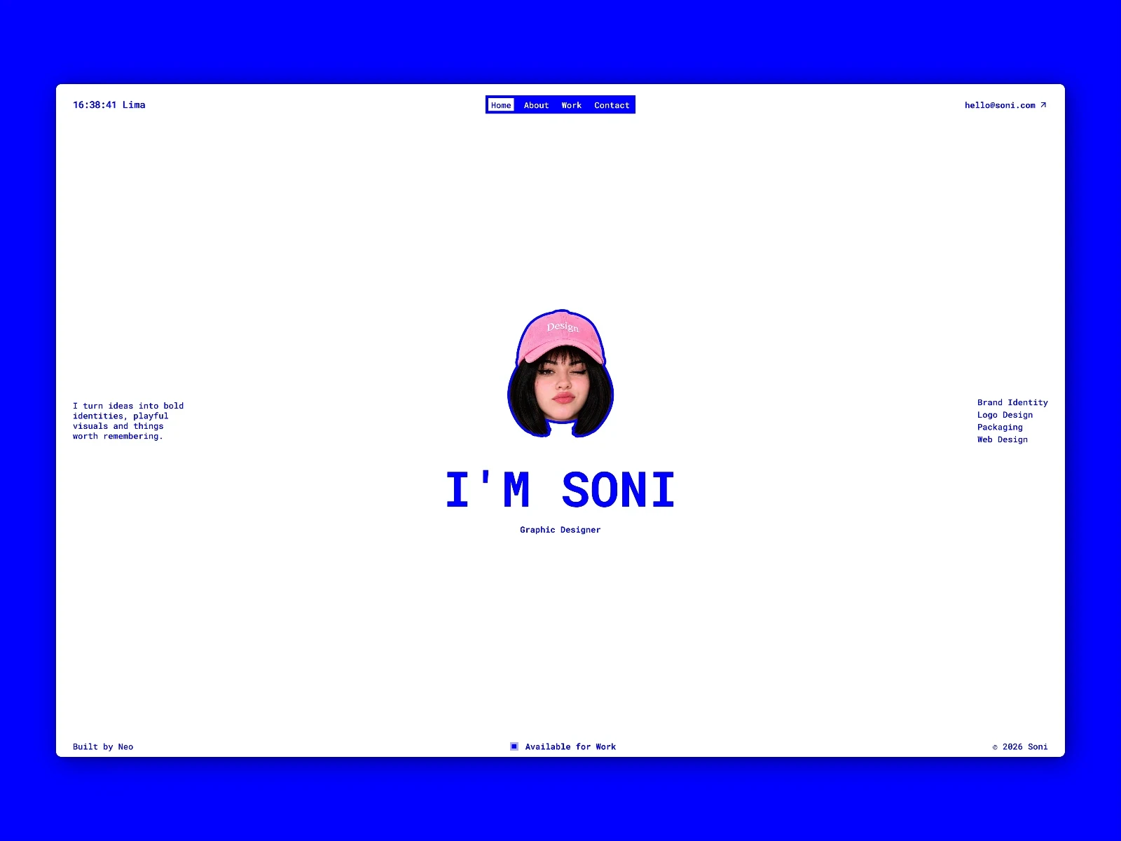 SONI graphic designer portfolio homepage with blue frame and centered portrait