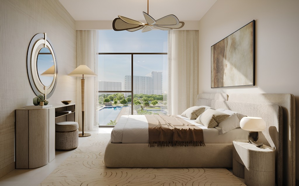 Elegant bed room with large windows providing a scenic view of the pool at Terra Gardens.