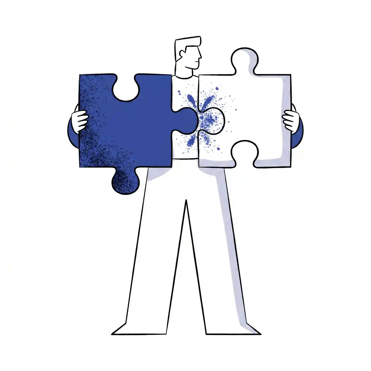 Eine Figur steht mittig und hält zwei große, ineinandergreifende Puzzleteile – eines in Markenblau gefüllt, eines weiß mit kräftigen schwarzen Konturen – und klickt sie auf Brusthöhe zusammen, wobei an der Verbindungsstelle eine kleine, markenblaue Tinten-Spritzwolke aufpufft.
