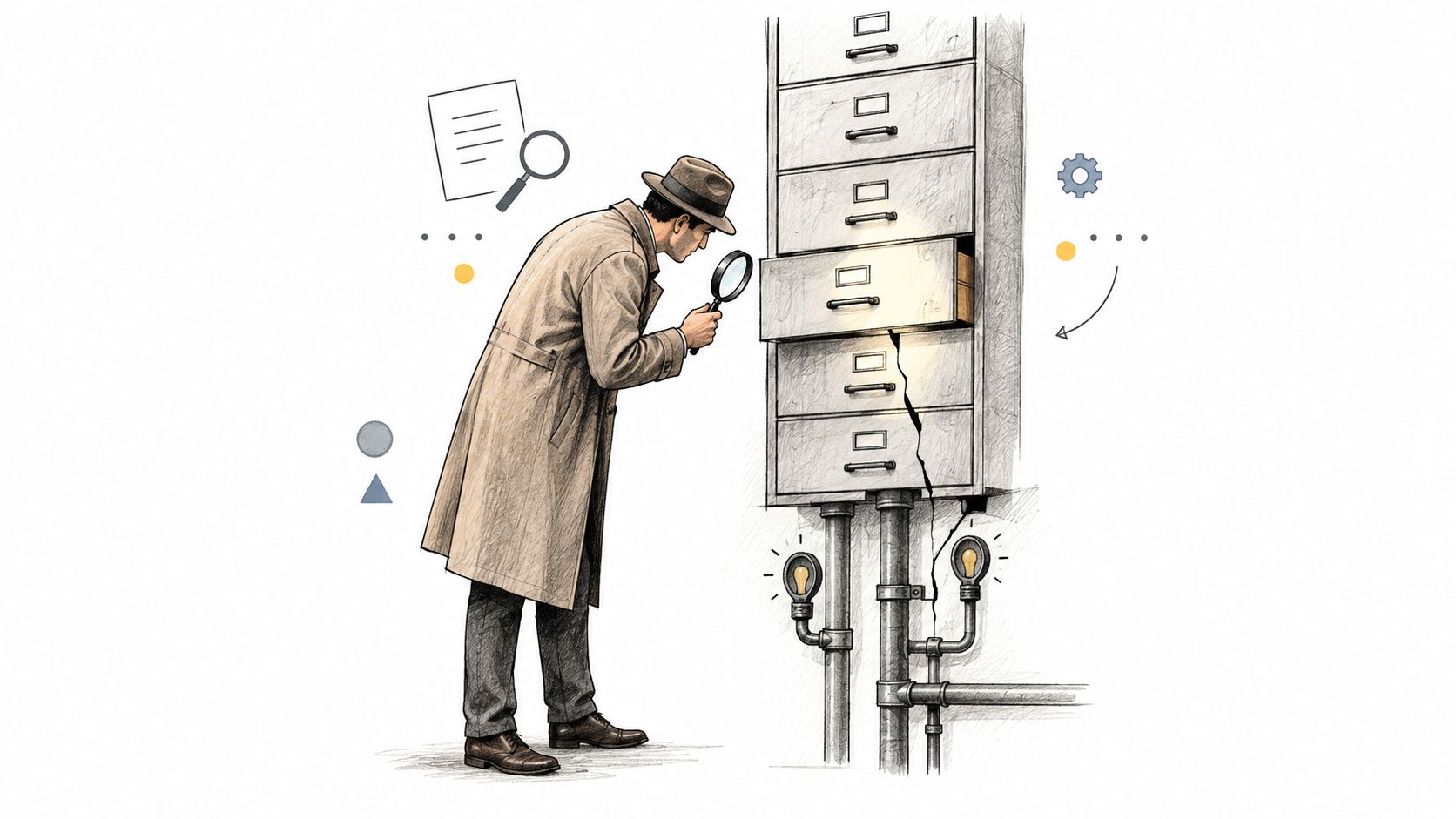 A detective in a trench coat examines a cracked filing cabinet with a magnifying glass for insights.