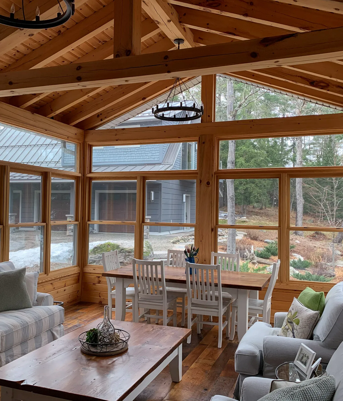 Fully furnished glass and screen timber-frame solarium overlooking guest house on kenisis lake in haliburton county.
