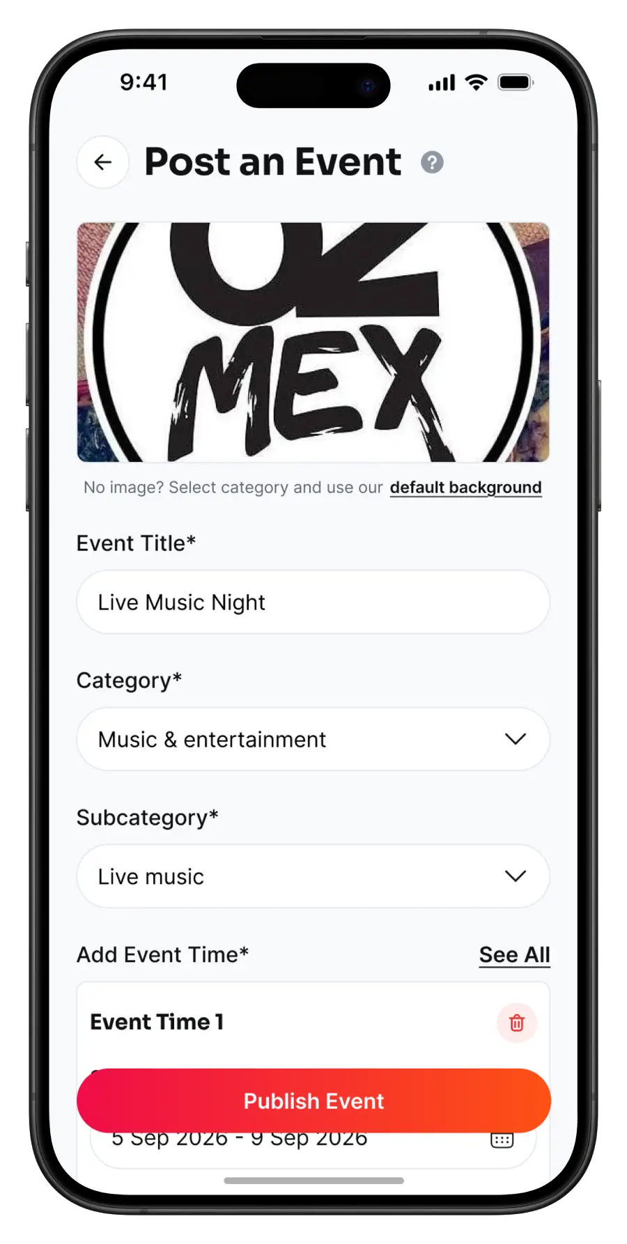 Townloop app Post an Event screen for creating a local event