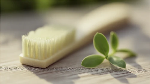 Pale yellow plastic toothbrush handle and bristles, common consumer item.