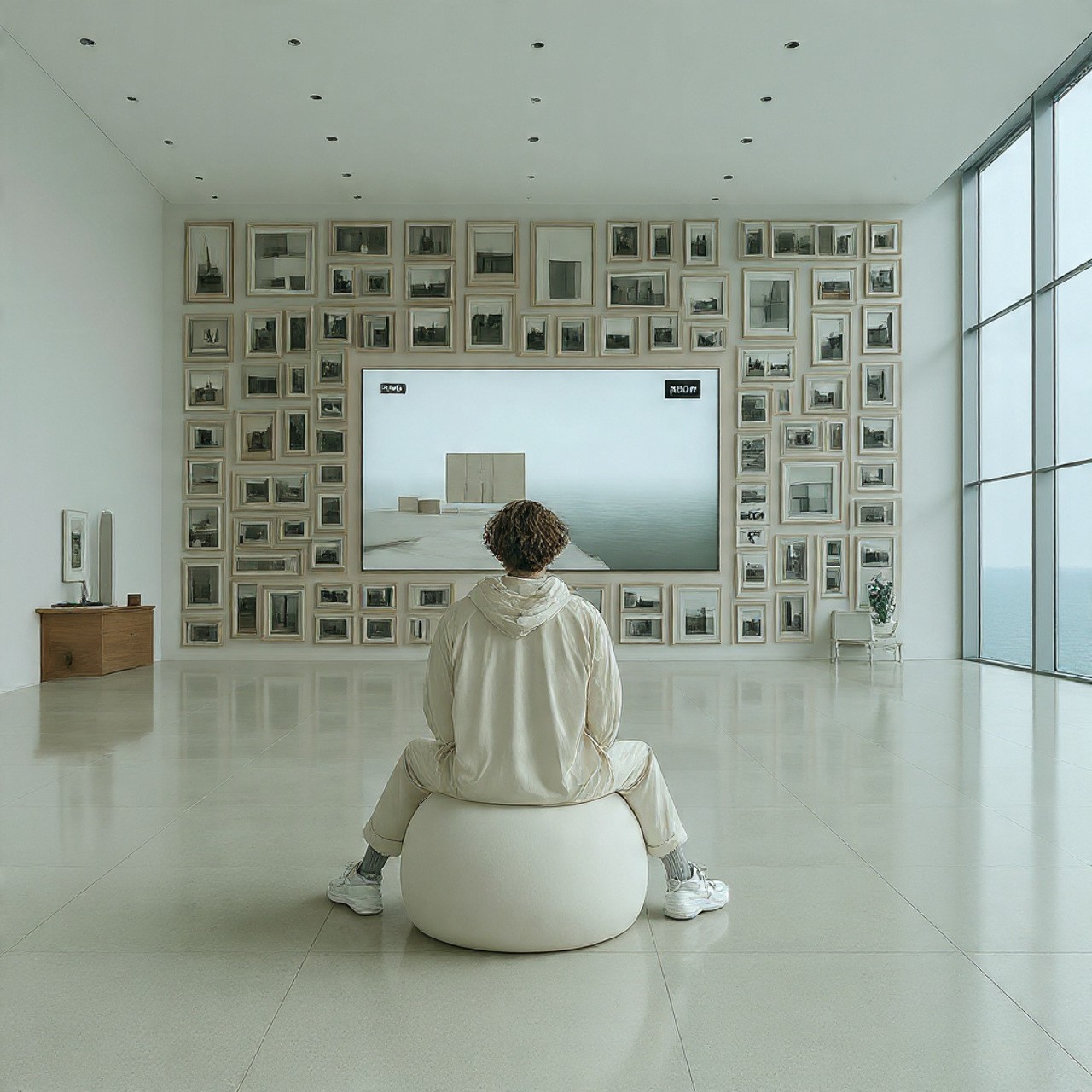 A person in a white outfit sits on a round stool in a spacious, minimalist room. The wall is covered with framed photos surrounding a large screen, creating a serene, contemplative atmosphere