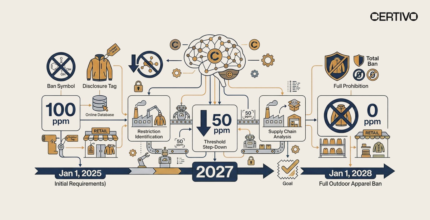 California AB 1817 PFAS textile ban phased timeline showing 2025 2027 and 2028 compliance deadlines