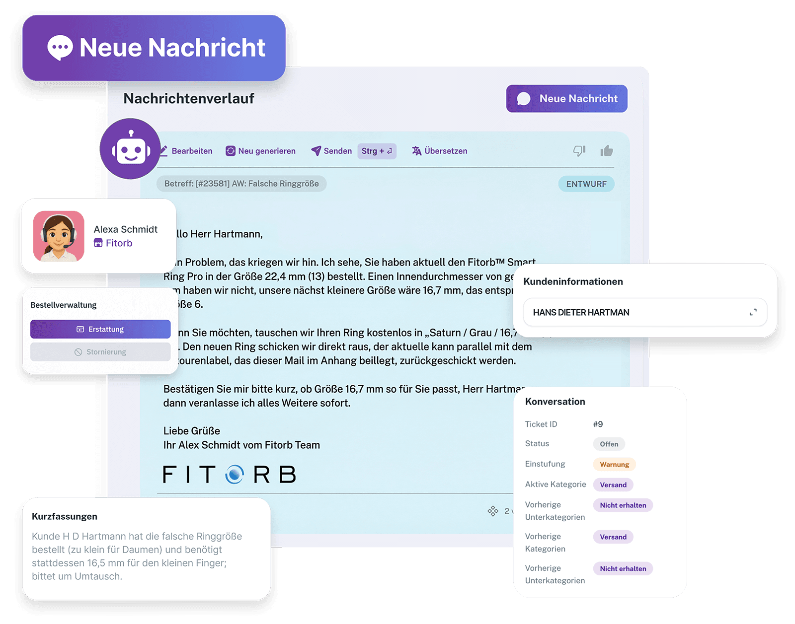 Support-Ticket mit KI-Antwortvorschlag in ZYBR