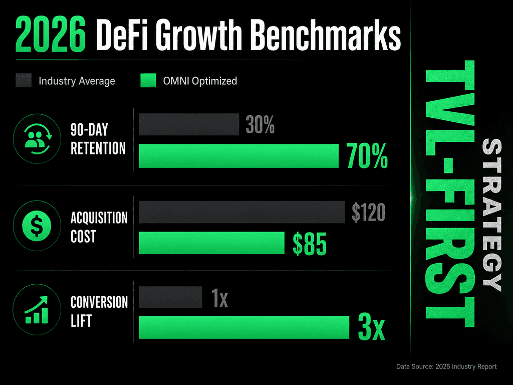 Benchmark dashboard comparing average DeFi metrics against optimized protocol performance for retention, CAC, and conversion lift.