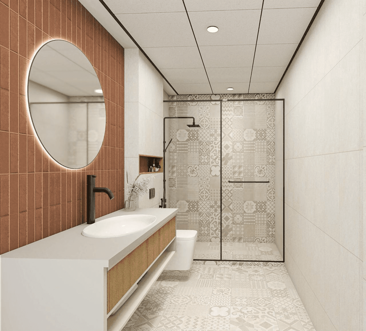 Single-story house with a terracotta-tiled roof, archway entrance, plants in the yard, and a paved driveway. Bright, sunny day, tropical vibe.