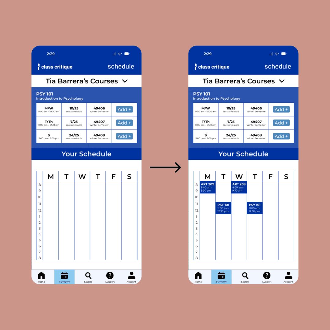 Two smartphone screens showing a course schedule interface. The first screen displays available course sections to add, and the second screen shows the updated schedule after adding courses.