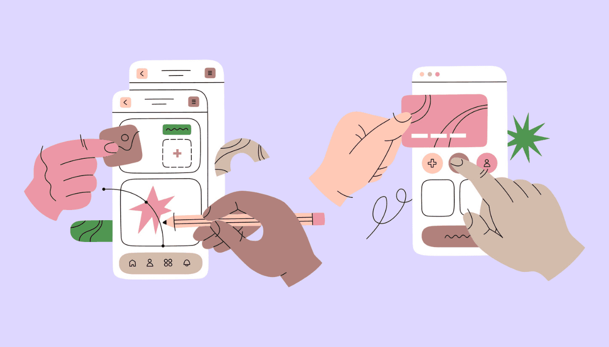 Illustration of multiple hands interacting with smartphone screens.