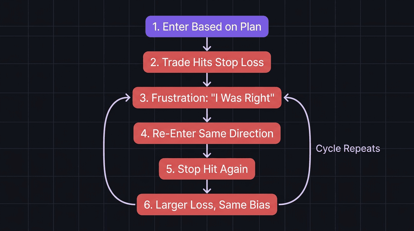 Diagram showing the frustration cycle from expectation mismatch to forced re-entry to compounding losses