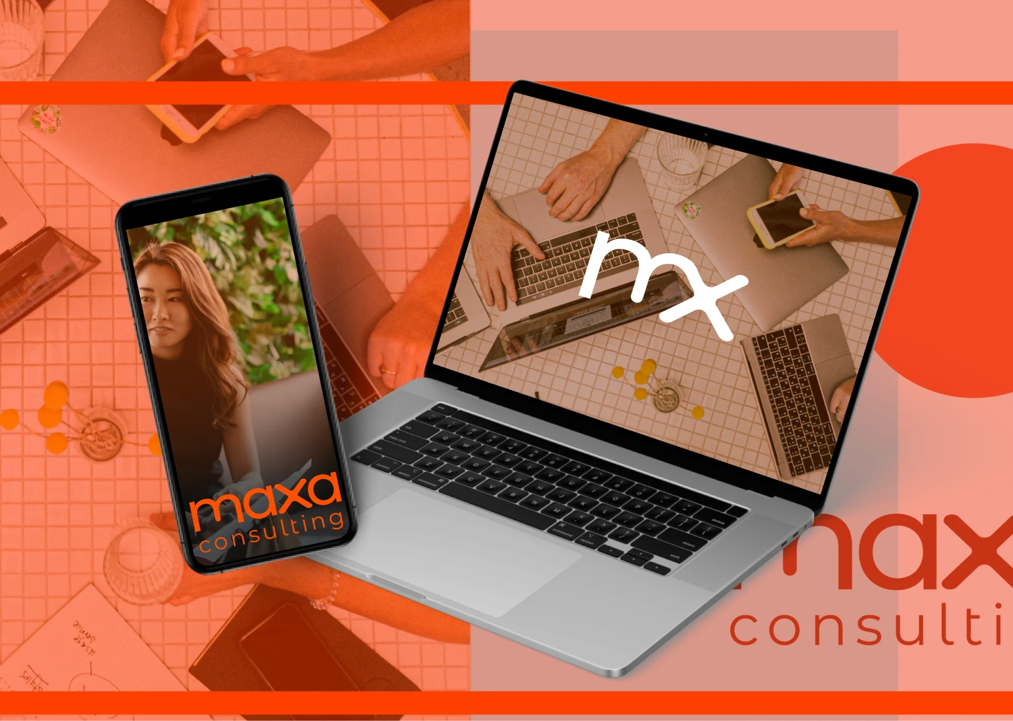 Maxa Consulting brand applied to phone and laptop mockup – Branding project by Lau Art (Laura Rodríguez Brieva)