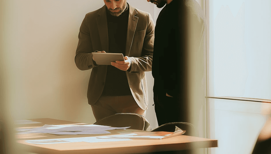 two men sitting at a table with a tablet