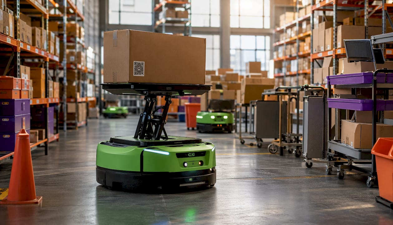 Autonomous robots sorting packages in warehouse