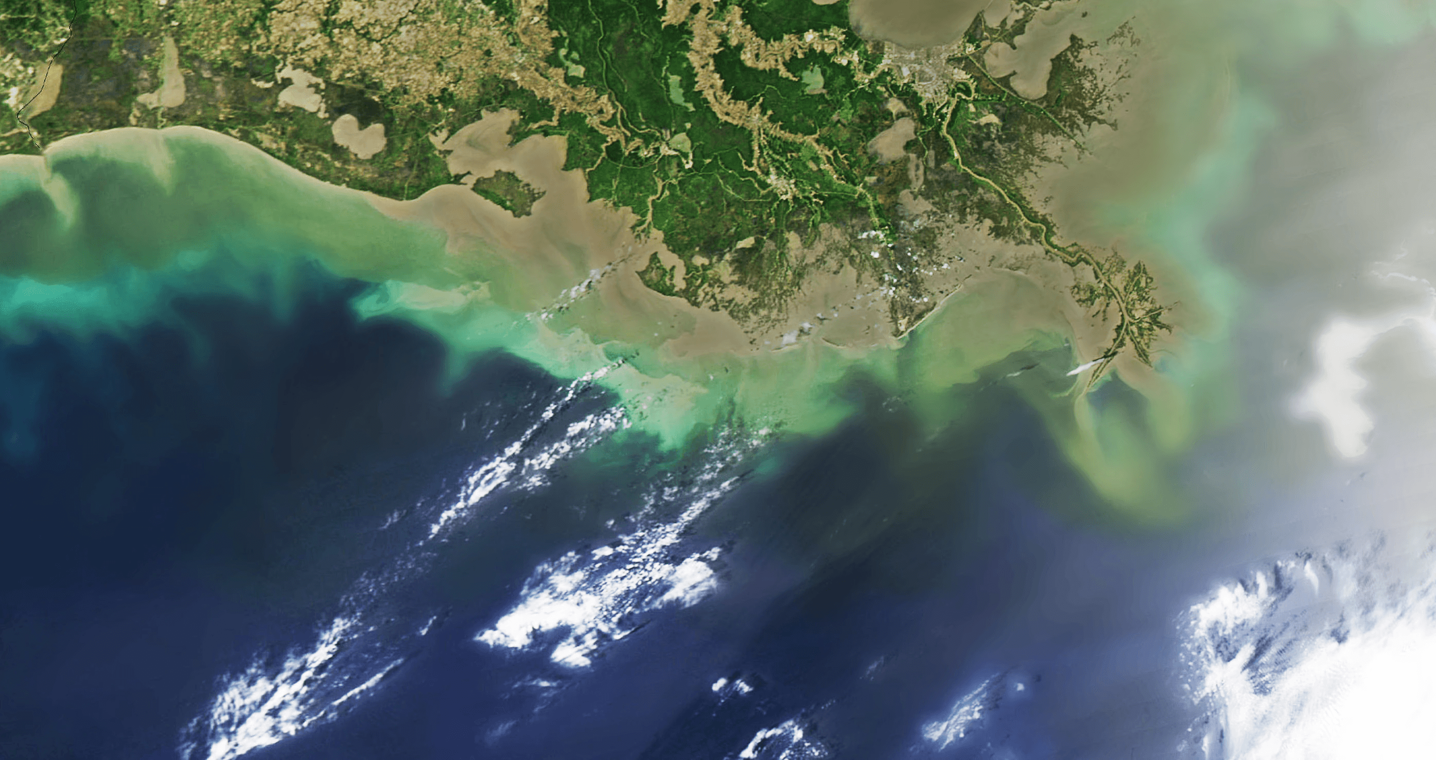 Oil spill at Mississippi delta, captured from space.