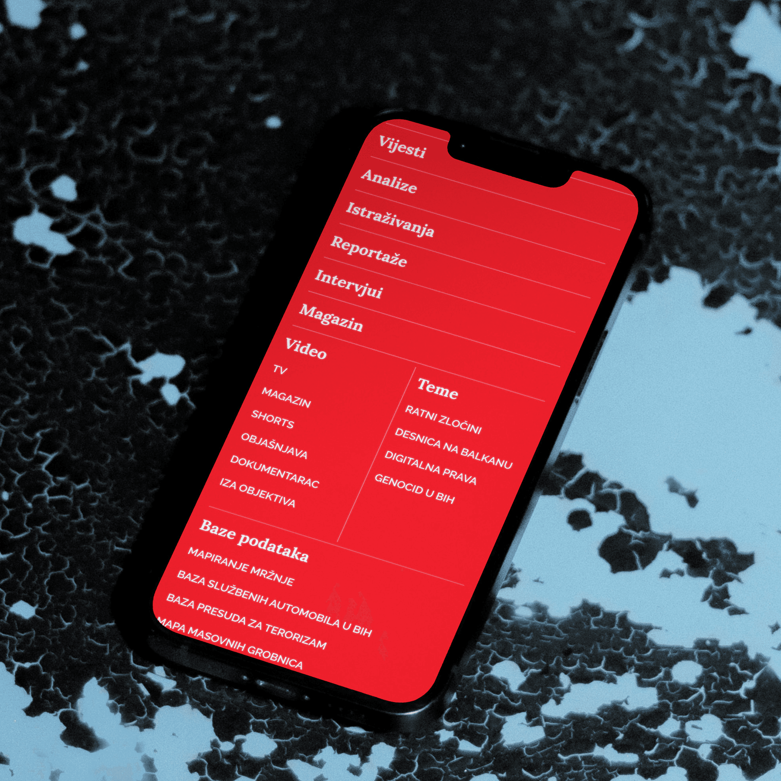 An iPhone displaying the layout of detektor.ba website's main navigation menu.