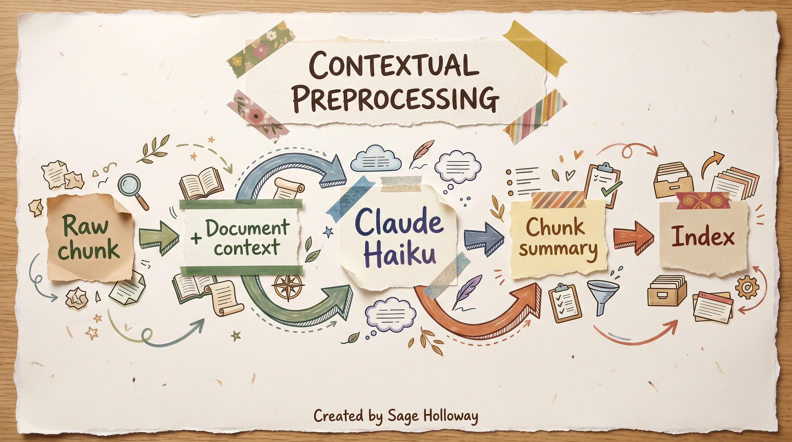 Scrapbook sequence diagram of contextual retrieval preprocessing with chunk summaries before indexing